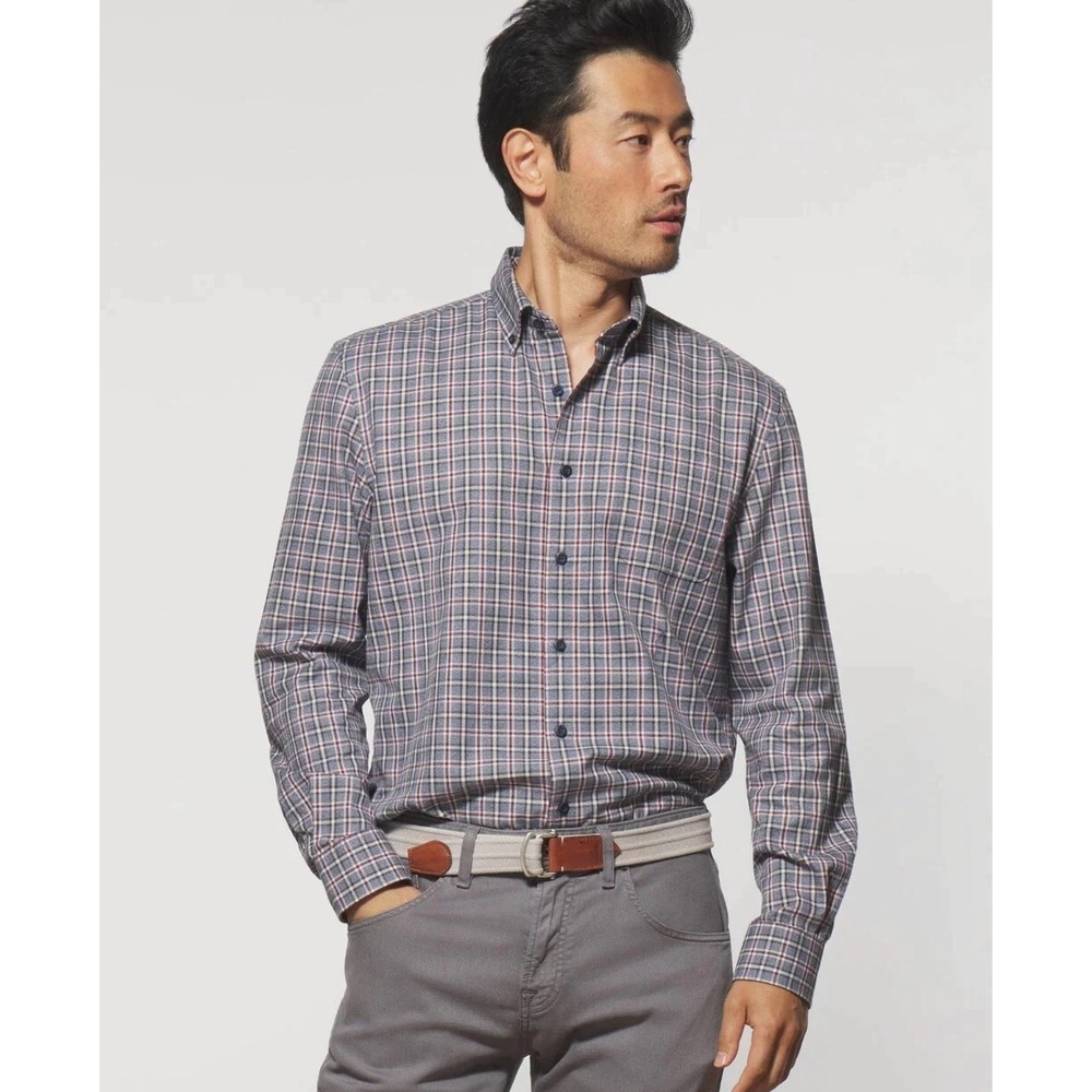 Johnnie-O Celo Tucked Button Up Shirt Wake Blue Plaid Men L Large Casual Work